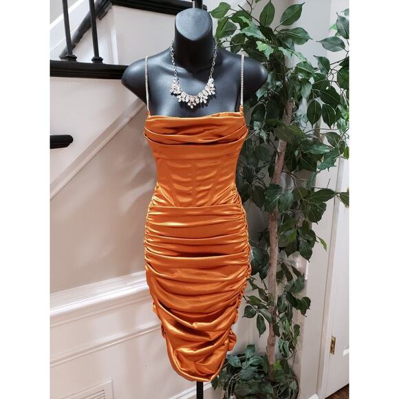 Rosedress Women's Gold Ruched Back Zip Spaghetti Rhinestone Knee Length Dress S - Picture 1 of 14